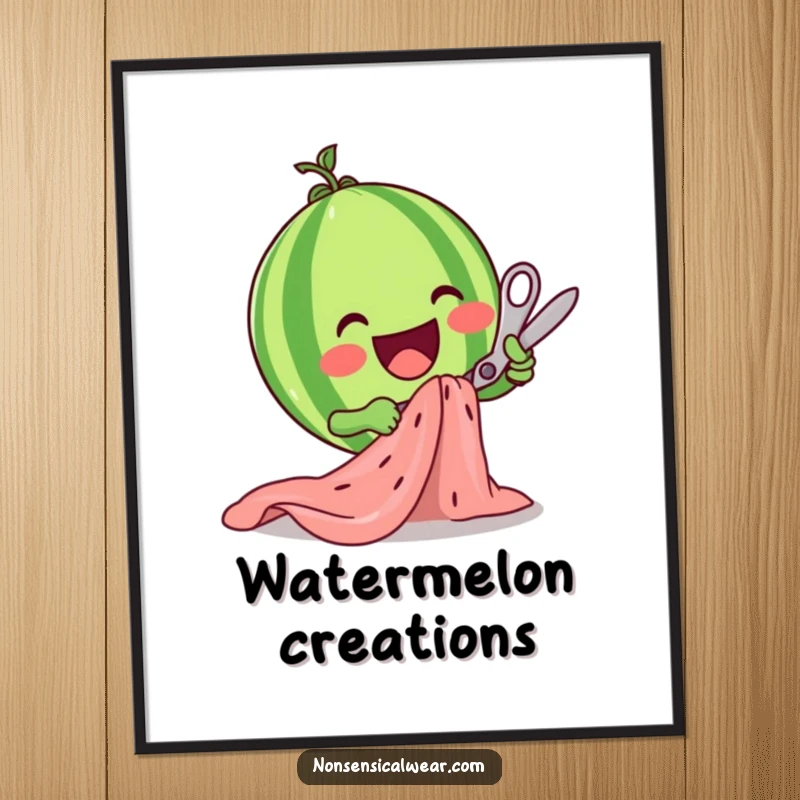 Funny watermelon character enthusiastically cutting fabric with scissors, captured in a delightful and humorous digital art print.