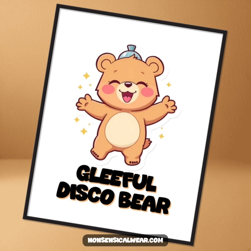 Funny digital art print of a cheerful bear character gleefully dancing with a disco ball, designed to bring smiles and party energy.