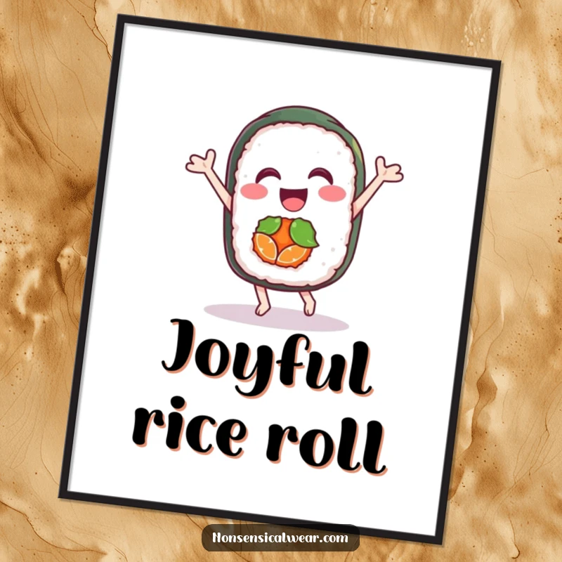 Funny digital art print of a delighted sushi roll character doing a joyful dance, perfect for food lovers and instant decor.