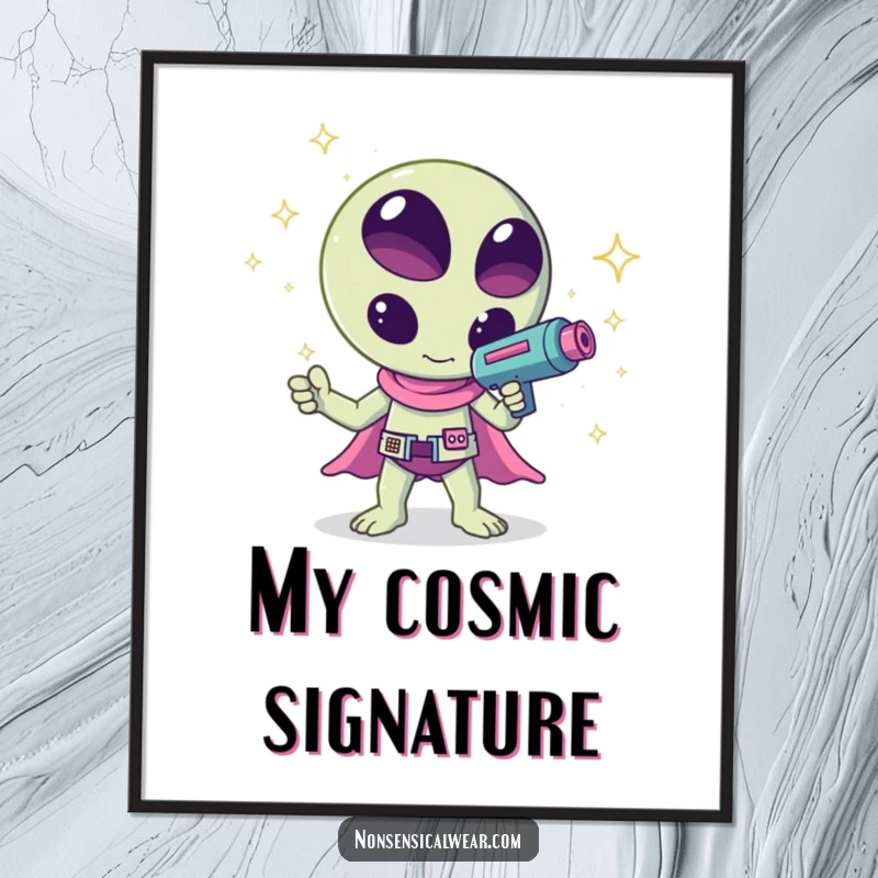 Funny kawaii alien waving a ray gun that shoots sparkles, a humorous and vibrant digital art print, perfect for instant wall decor.