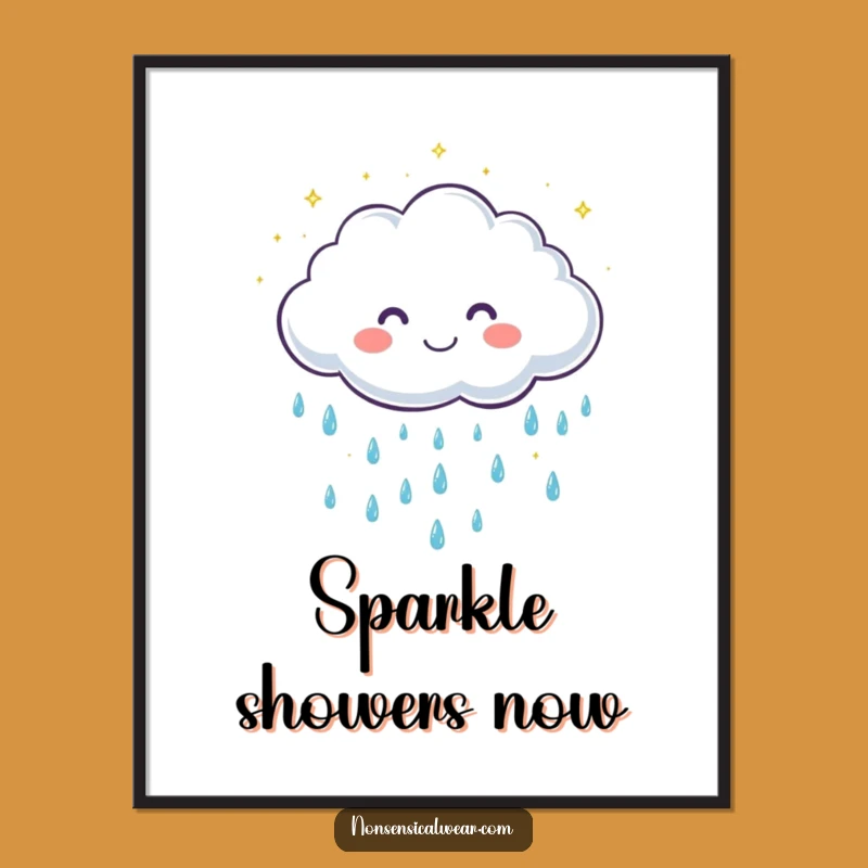 Funny Cloud Raindrops Print: Cute Digital Art, Sparkling Joy, Perfect Gift