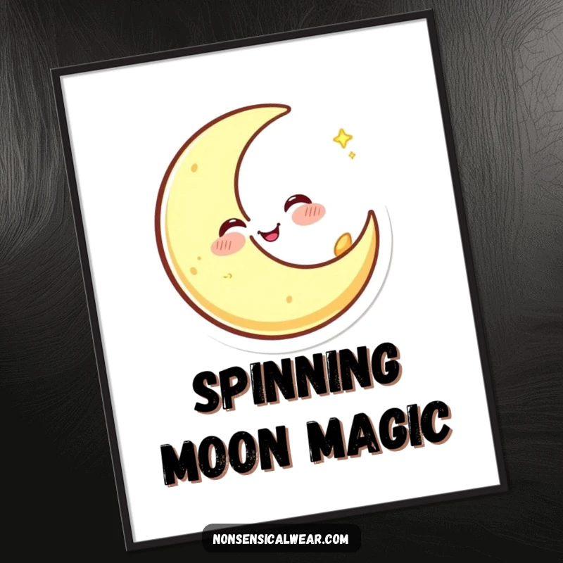 Funny digital art print of a happy crescent moon character winking and spinning, designed to bring smiles and cosmic charm.