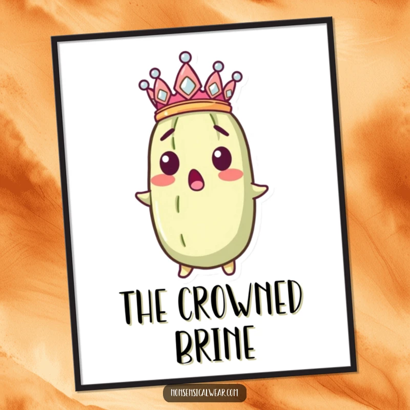 Funny surprised pickle wearing a tiny crown sideways, as downloadable digital art.