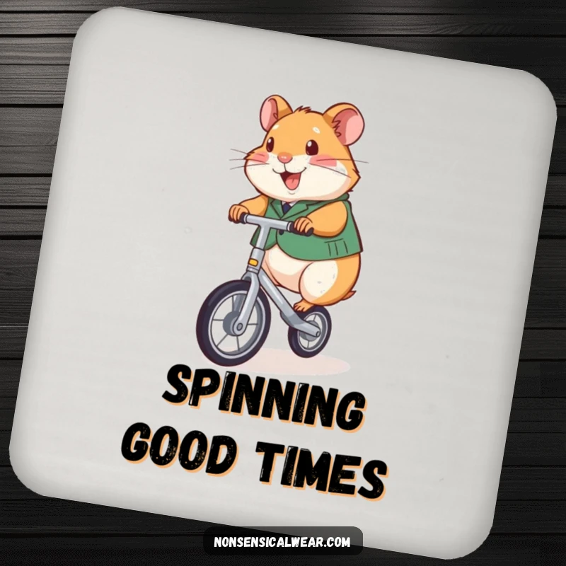 Funny coaster design of a small hamster in a vest, balancing on a unicycle.