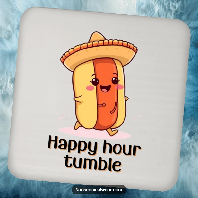 Funny hot dog coaster illustration of a cheerful hot dog wearing a sombrero tripping over its bun.