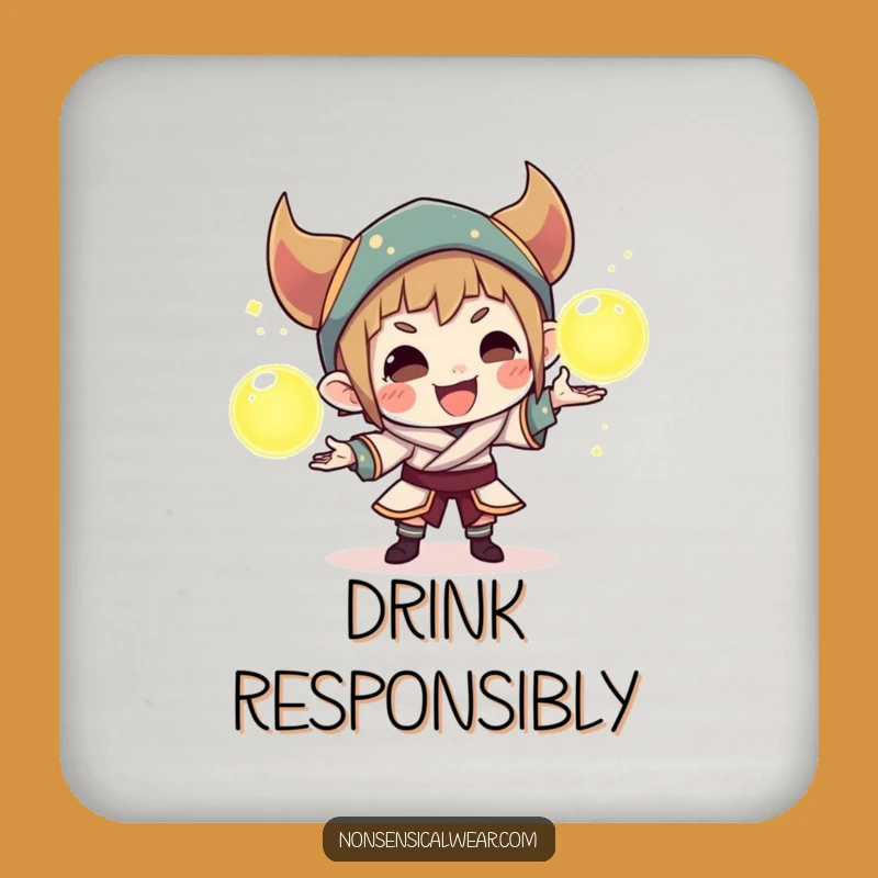 Funny Mischievous Character Drink Coaster: Protect Surfaces with This Hilarious Orb Juggling Art