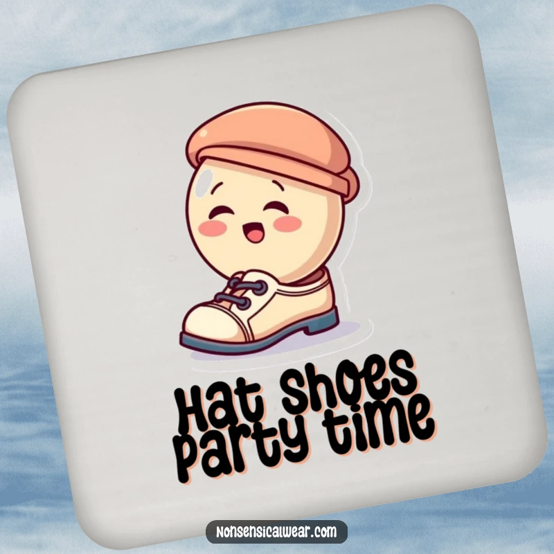 Funny drink coaster with a giggling button character hilariously dressed with a tiny hat as shoes, a humorous table protector.