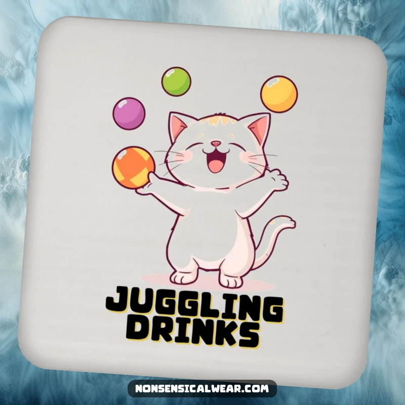 Funny Kawaii Cat Drink Coaster: A talented kawaii cat juggles balls, adding cheerful protection to surfaces.