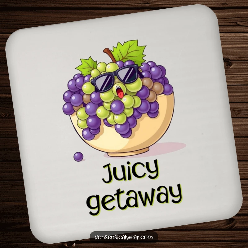 Funny grapes coaster illustration of startled grapes wearing sunglasses, breaking out of a fruit bowl.