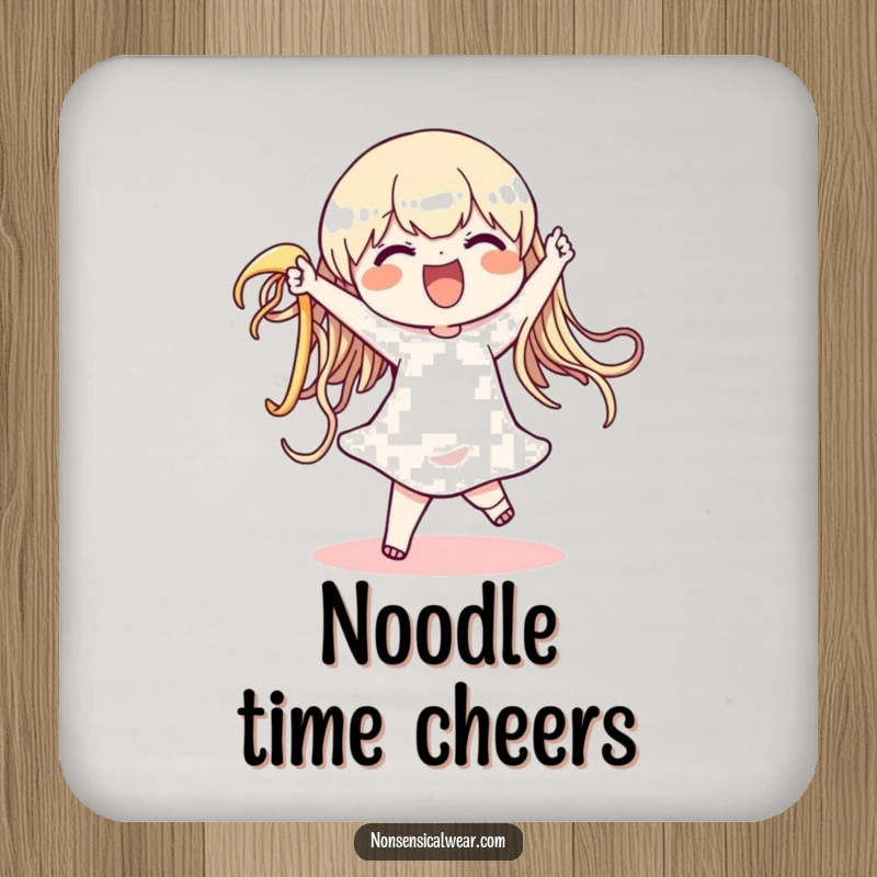 Funny drink coaster featuring a character dancing with a wiggling noodle, protecting surfaces with hilarious pasta-themed artwork, a fun housewarming gift.