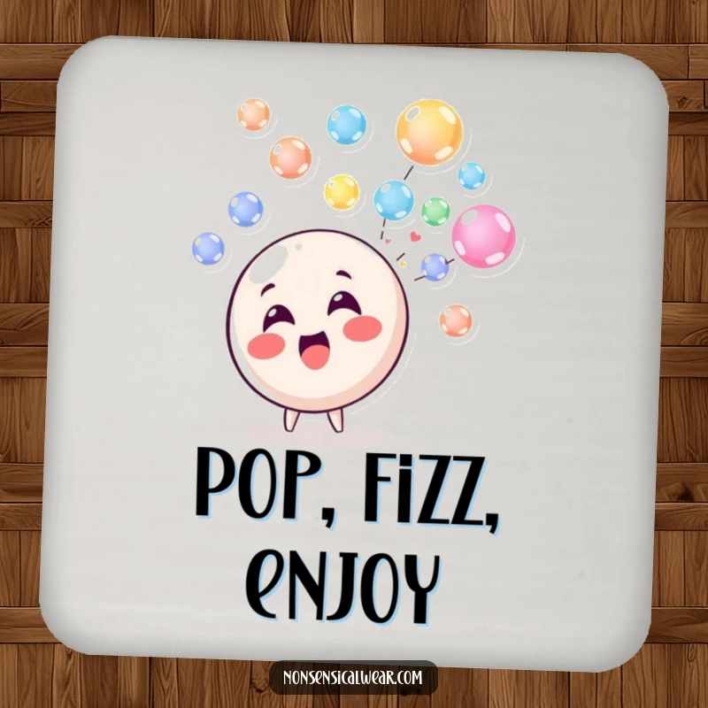 Funny Drink Coasters: A delighted circle character blowing a stream of colorful, floating bubbles, protecting tables with humor.
