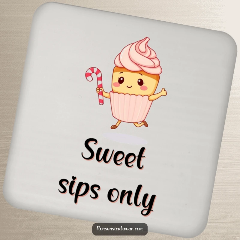 Funny kawaii cupcake character jumping rope with a candy cane on a drink coaster, a small yet humorous protective accessory.