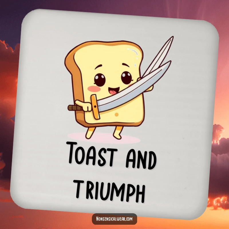 Funny smiling toast character using a large needle like a sword on a protective drink coaster, adding heroic charm.