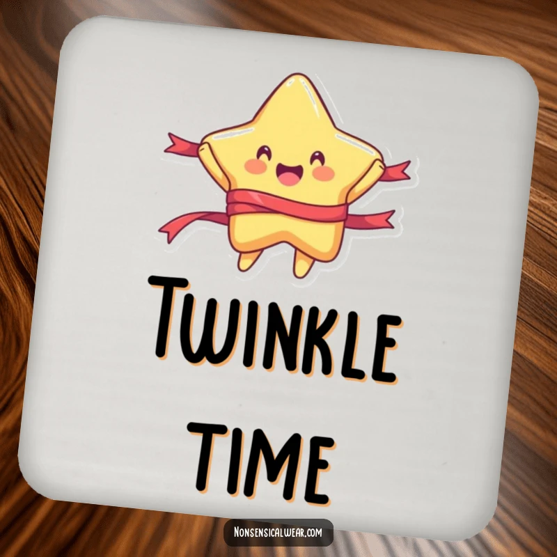 Funny drink coaster with a rounded star character joyfully jumping with a ribbon, adding a touch of fun to drinks.