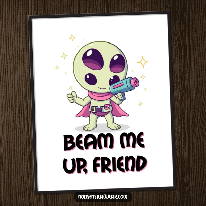 Funny kawaii alien waving a ray gun that shoots sparkles, a humorous and cute design on this poster, ideal for wall decor.