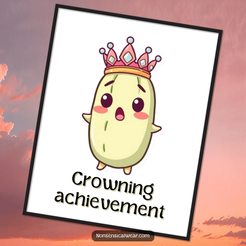Funny surprised pickle wearing a crown, depicted as humorous wall art.