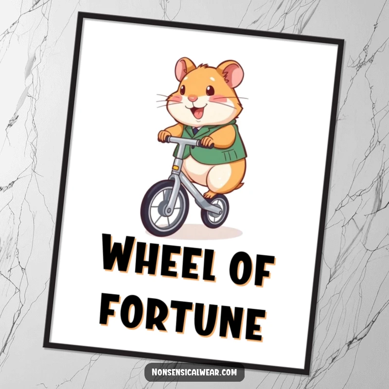 Funny poster depicting a cheerful hamster in a vest, confidently riding a tiny unicycle.