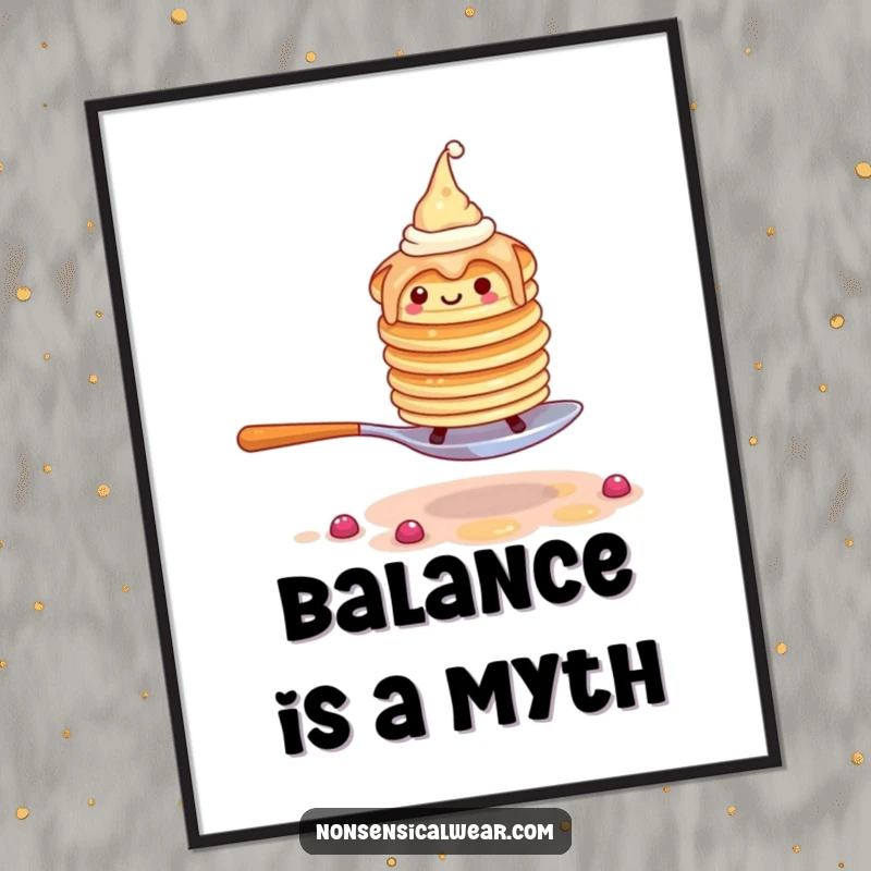 Funny pancake poster artwork of a wobbly stack of pancakes in tiny hats attempting to walk on a spoon.