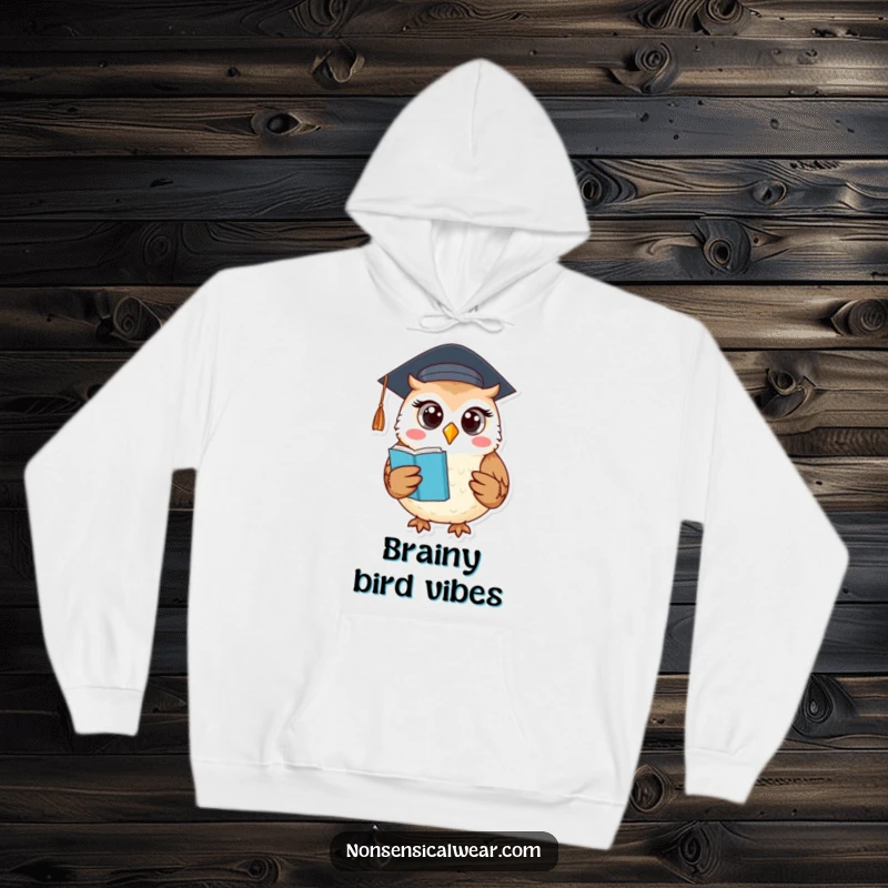 Funny hoodie featuring a round owl wearing a graduation cap and clutching a book, embodying academic achievement.