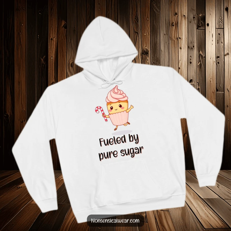 Funny kawaii cupcake character energetically jumping rope with a candy cane, featured on a soft hoodie, ideal for cozy humor.