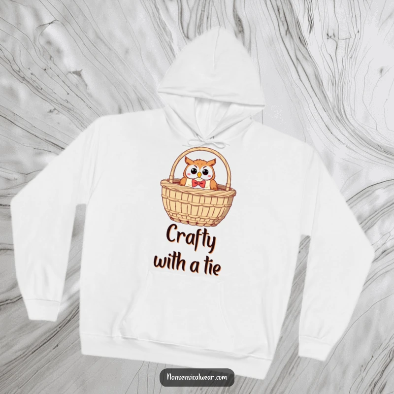 Funny Owl Hoodie: A jolly owl with a bow tie peeks out of a sewing basket, offering warmth and humor.