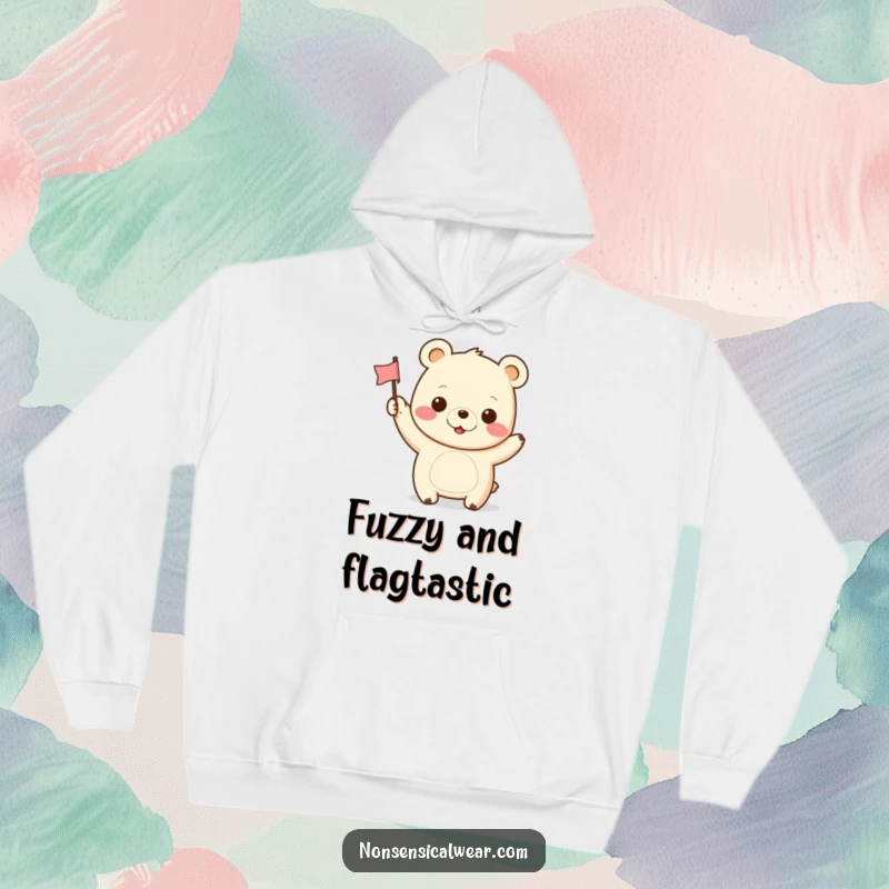 Funny Kawaii Bear Hoodie: A cute bear happily waves a miniature flag, showcasing a contagiously cheerful expression.