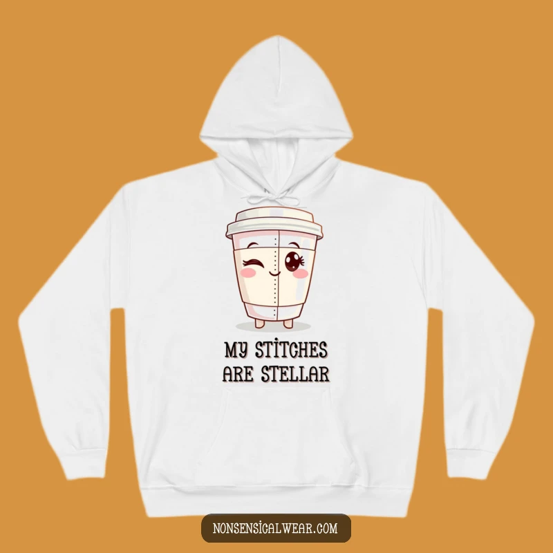 Funny Coffee Seamstress Hoodie: Cozy Warmth with a Winking Cup and Perfect Seam, Humorous Gift
