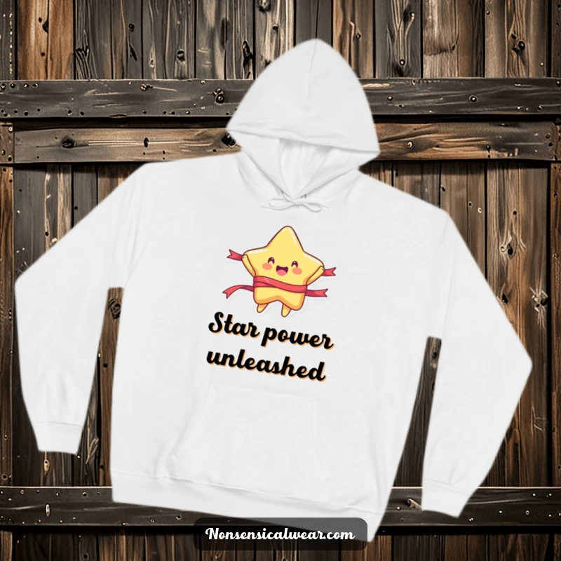 Funny hoodie design featuring a rounded, ecstatic star character joyfully jumping with a long, flowing ribbon, exuding pure delight.