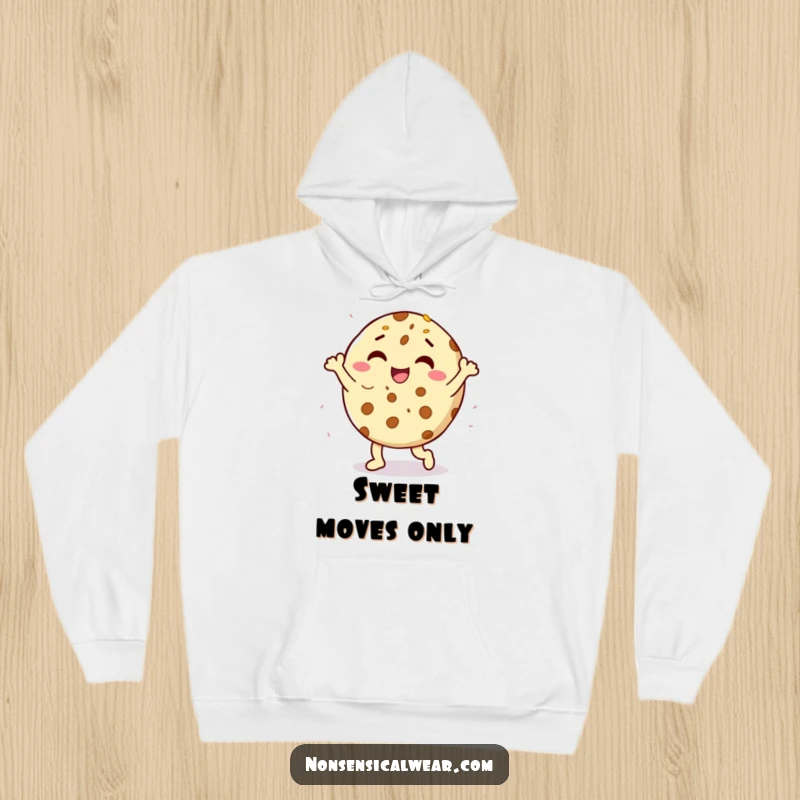 Funny delighted cookie character doing a happy dance with sprinkles on a soft hoodie, for cozy and cheerful humor.