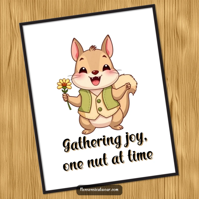 Funny Free Printable Wall Art: A happy squirrel sporting a vest sweetly offers a tiny flower, radiating gentle charm.