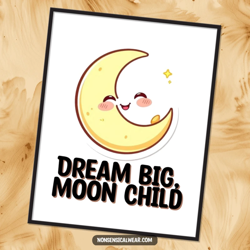 Happy free printable wall art: a crescent moon character winking and spinning, creating a dreamy and enchanting atmosphere.