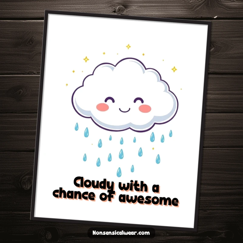 Funny Free Printable Wall Art: A cute cloud character happily showers sparkling raindrops with a cheerful grin.