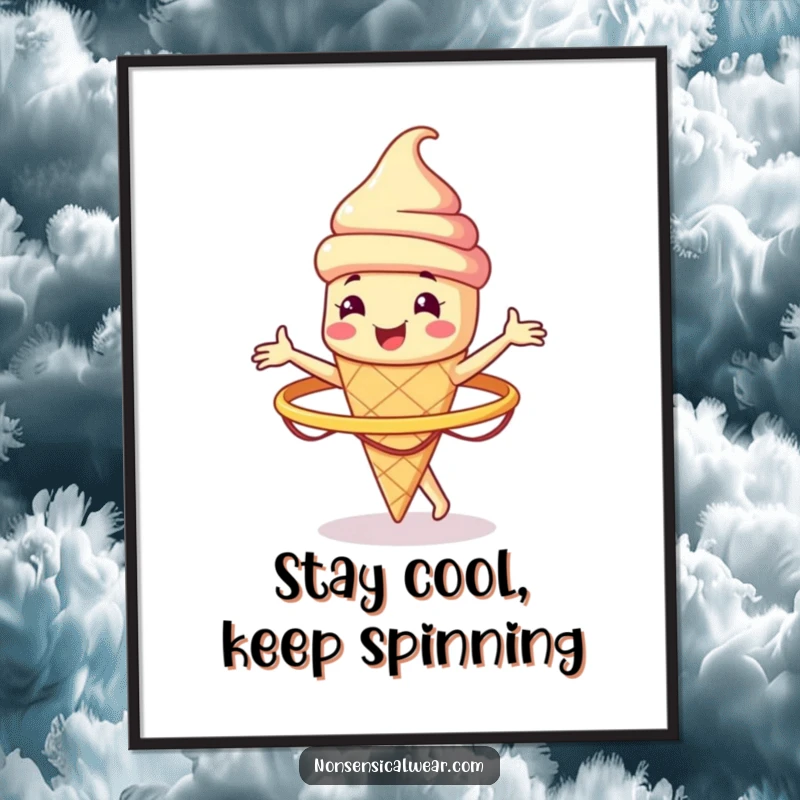 Funny free printable wall art featuring a smiling ice cream cone character spinning a hula hoop adds fun and cool decor.