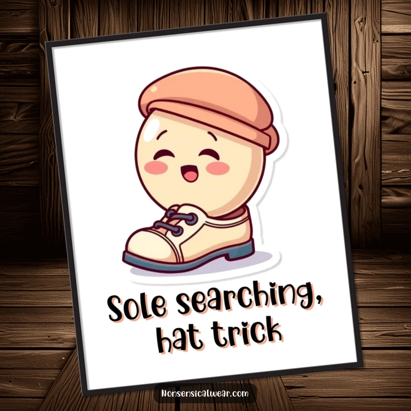 Funny Free Printable Wall Art: A cheerful button giggling as it wears a tiny hat as shoes, a whimsical and humorous decoration.