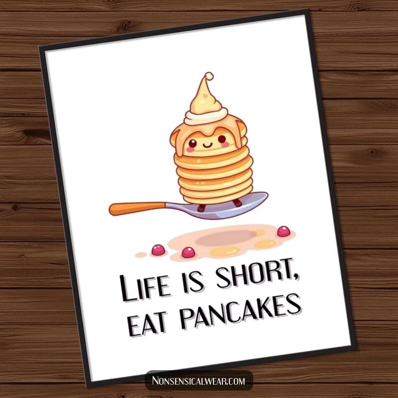 Funny Free Printable Wall Art: Wobbly stack of pancakes wearing hats attempting to walk on a spoon, a whimsical artwork.