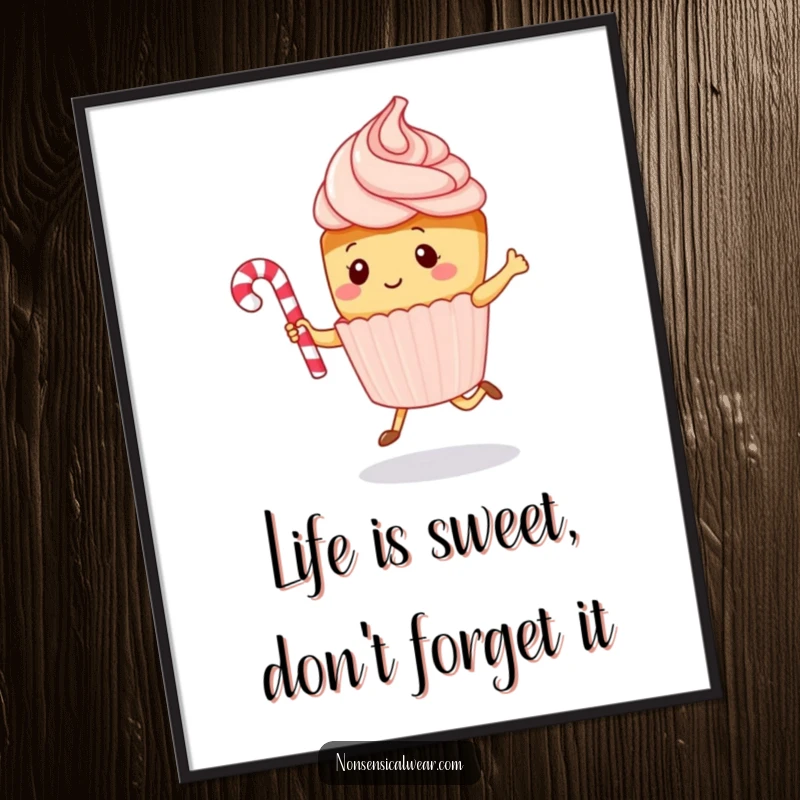 Funny free printable wall art featuring a kawaii cupcake character playfully jumping rope with a candy cane, perfect for sweet room decor.