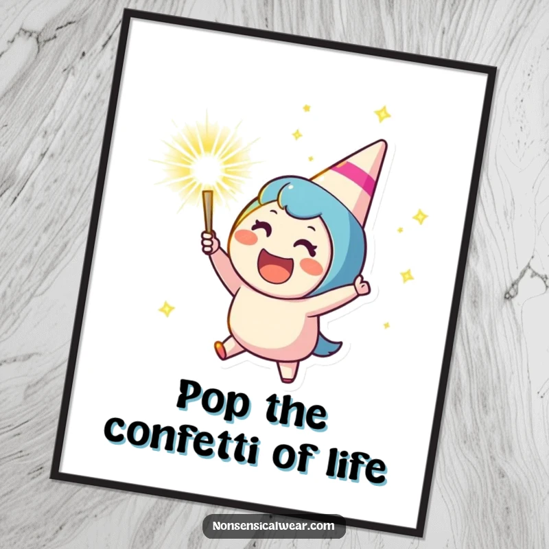 Funny Free Printable Wall Art: Cheering character launches a sparkling party popper, creating a confetti explosion.