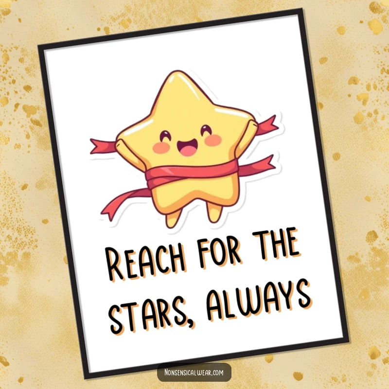 Joyful free printable wall art: a rounded star character joyfully jumping with a colorful ribbon, adding playful energy to decor.