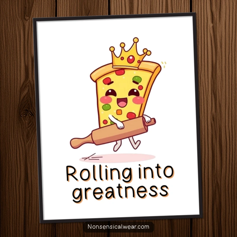 Funny Free Printable Wall Art: Giggling pizza slice wearing a crown rides a runaway rolling pin, a comedic and unique artwork.