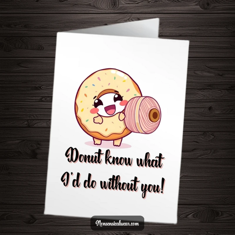 Funny Free Printable Birthday Card: Giggling donut character hilariously attempting to wind a giant spool of thread, celebrating.