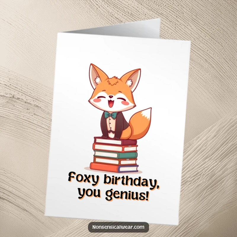 Funny Free Printable Birthday Card showing a giggling fox in a vest and bow tie, balancing precariously on a tall stack of books.
