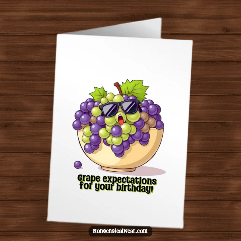 Funny Free Printable Birthday Card: Startled bunch of grapes in sunglasses trying to escape a fruit bowl, a humorous birthday wish.