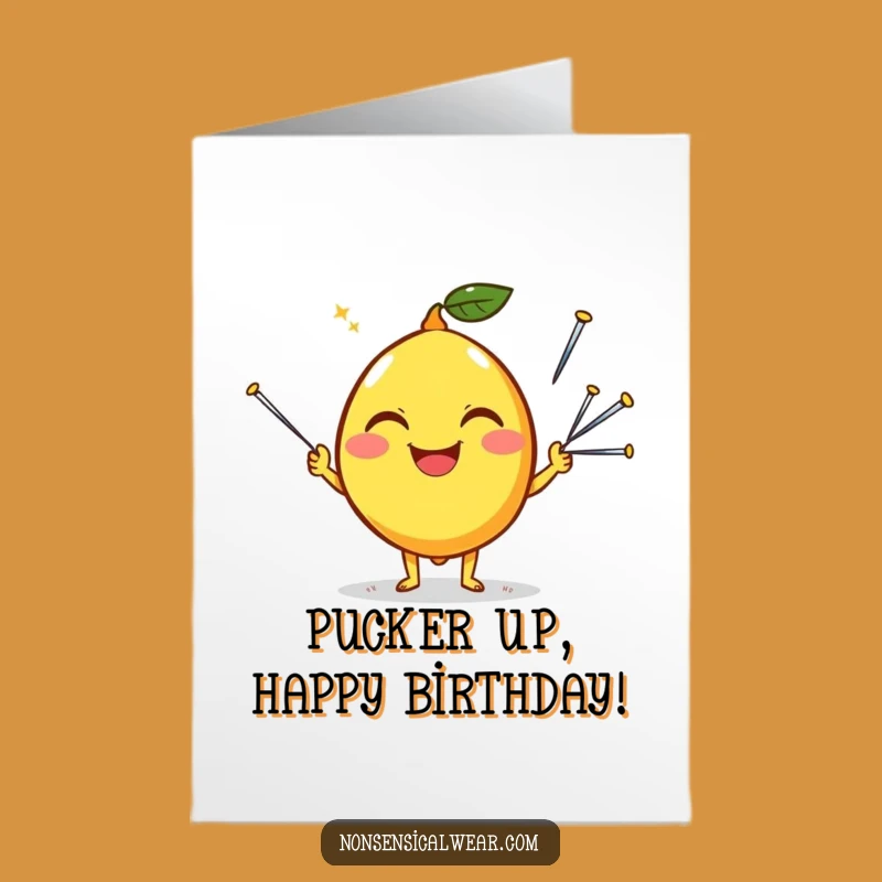 Free Printable Birthday Card: Funny Lemon Juggling Needles Downloadable Gift for Quirky Celebrations