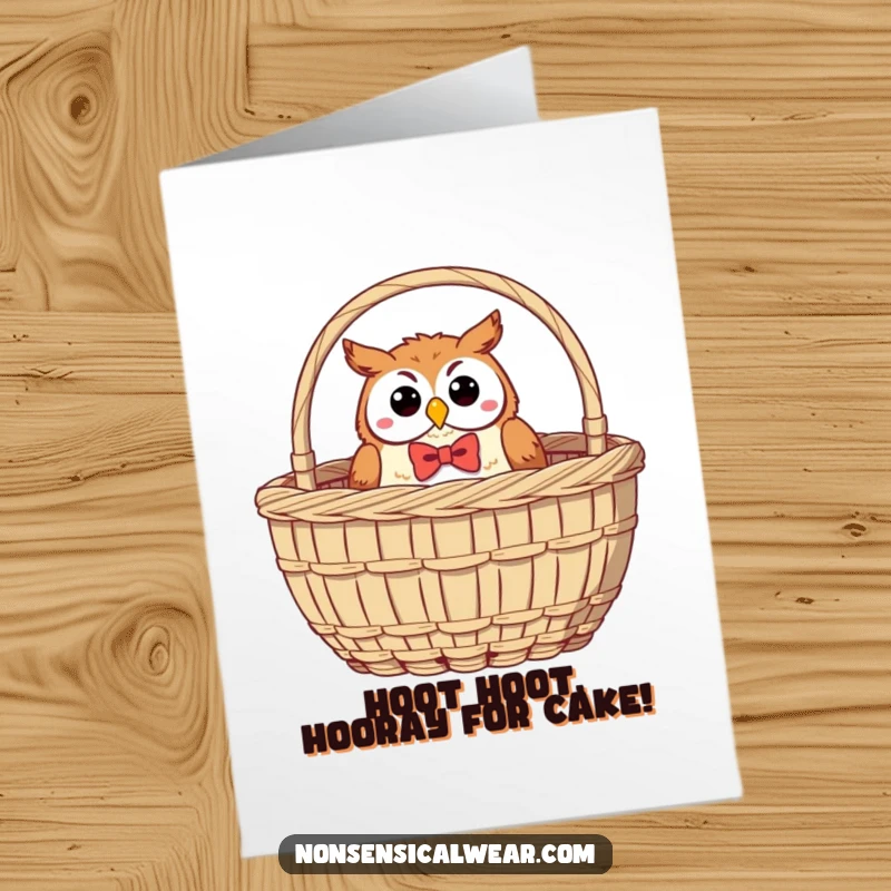 Funny Free Printable Birthday Card: Jolly owl in bow tie peeking from sewing basket, ready for a birthday surprise.