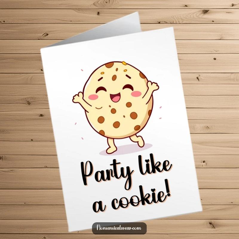 Funny free printable birthday card showing a delighted cookie character doing a happy dance with colorful sprinkles, perfect for a sweet celebration.