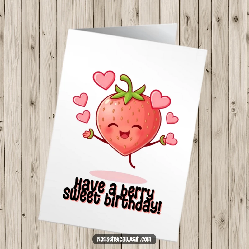 Funny Free Printable Birthday Card: Cheerful strawberry character joyfully juggling red hearts, spreading love.