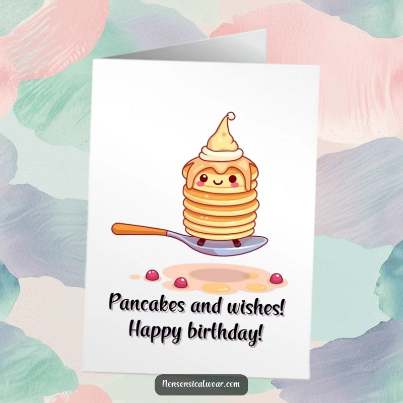 Funny Free Printable Birthday Card: Wobbly pancakes in hats attempting to walk on a spoon, a humorous birthday wish.