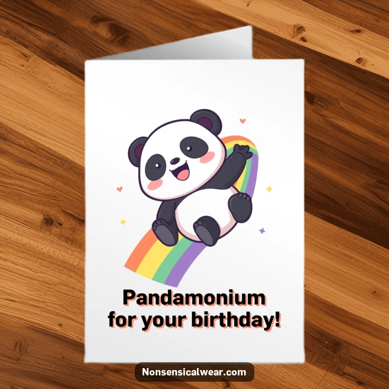 Funny Free Printable Birthday Card featuring a kawaii panda gleefully sliding down a bright rainbow, perfect for a joyful celebration.