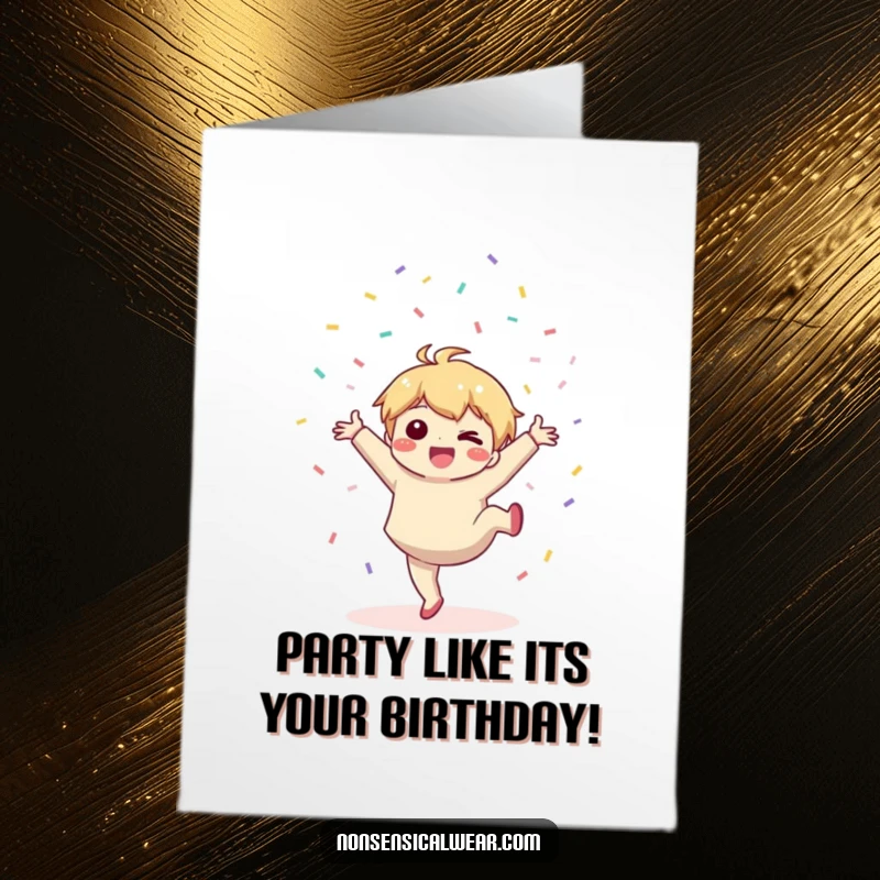 Funny Free Printable Birthday Card: Cute Kawaii character joyfully throws confetti mid-cartwheel.
