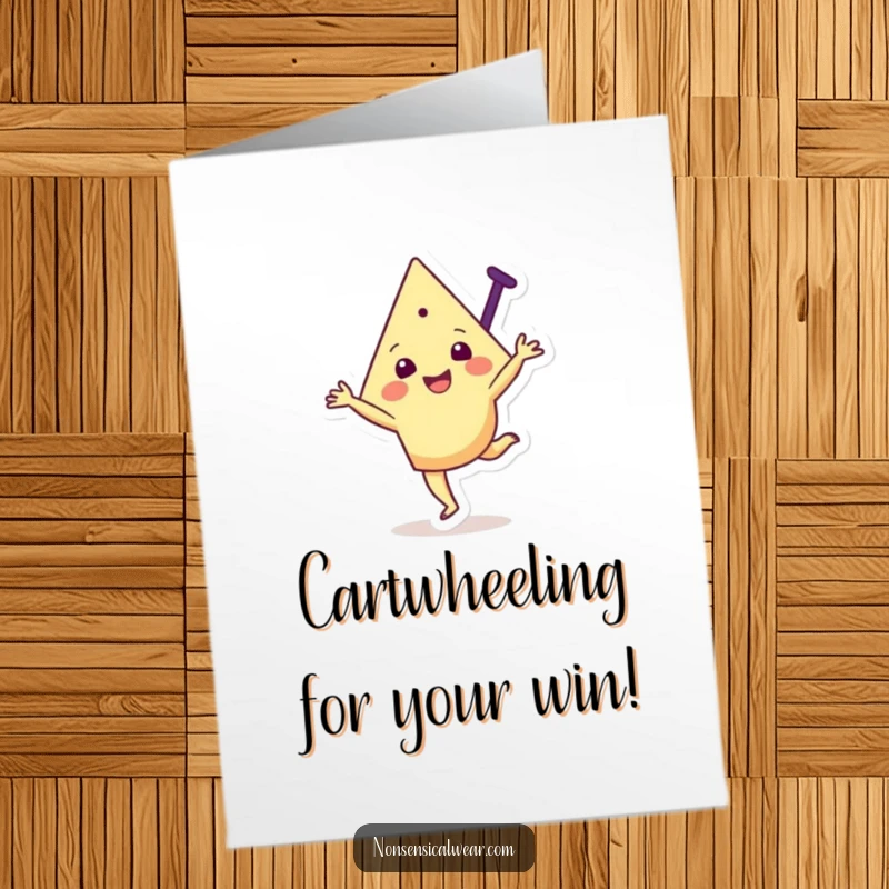 Funny Free Printable Congratulations Card: A happy triangular character does a cartwheel to celebrate a great achievement.